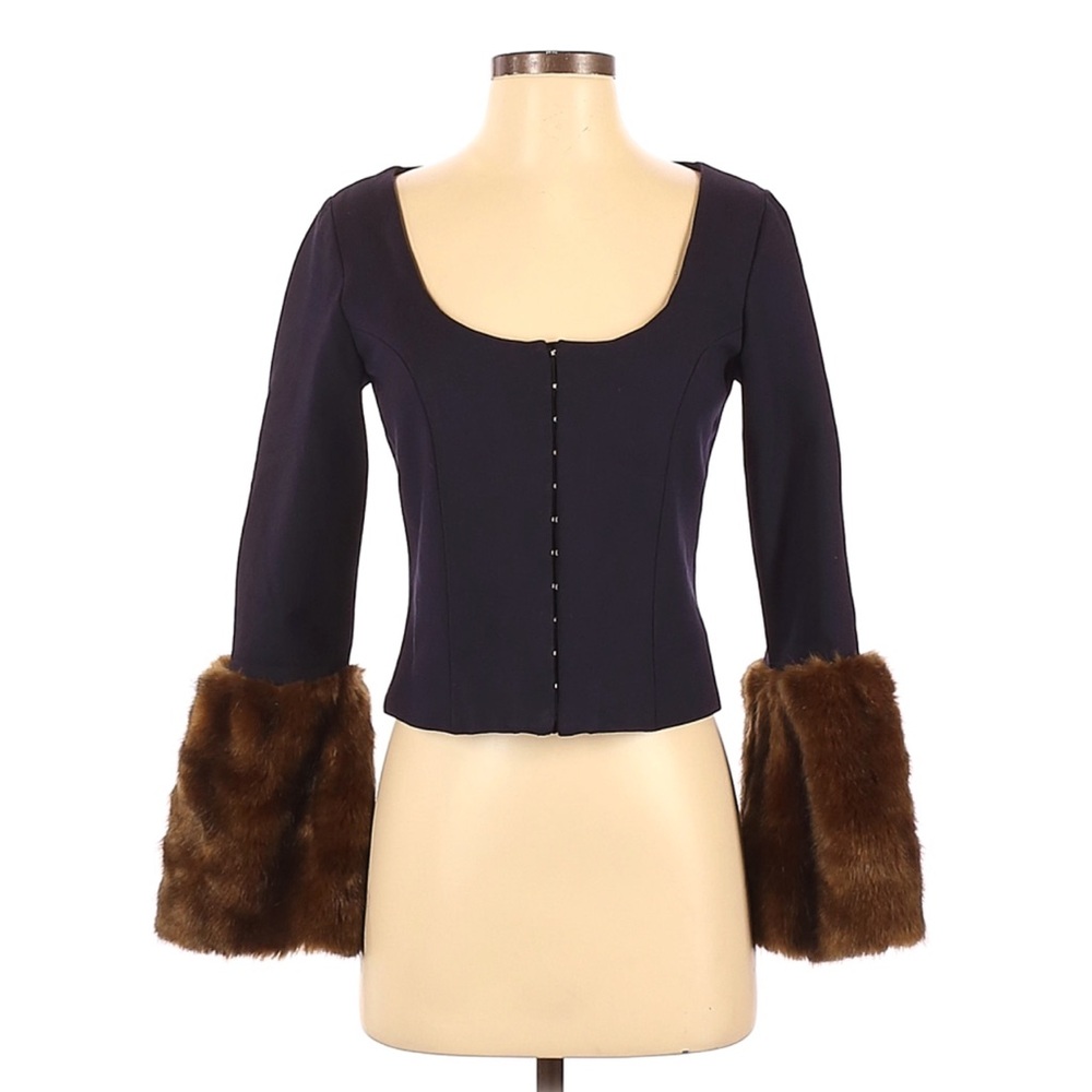 STAUD Navy Jacket with Brown Fur Cuffs